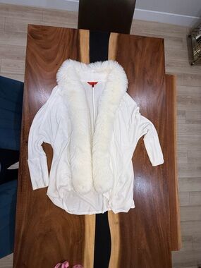 Jennifer Lopez White Faux Fur Trim Cardigan